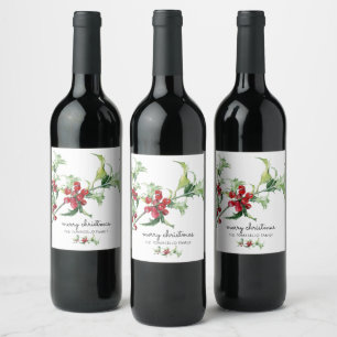 Elegant Watercolor Christmas Holly Berries Name Wine Label