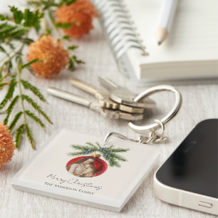 Elegant Watercolor Christmas Ornament Family Photo Key Ring