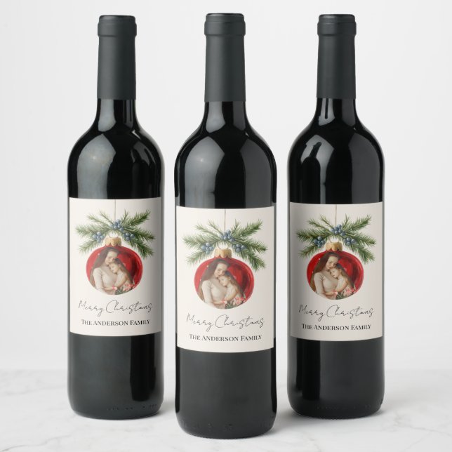 Elegant Watercolor Christmas Ornament Family Photo Wine Label (Bottles)