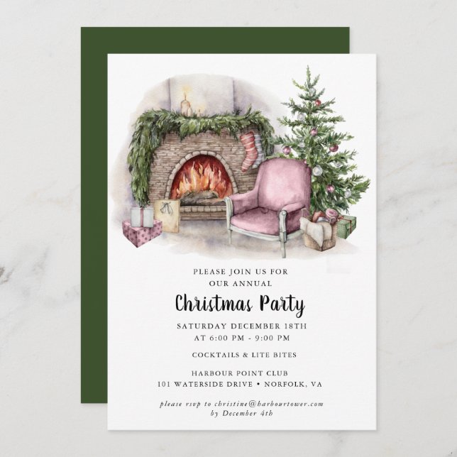 Elegant Watercolor Christmas Party Invitation  (Front/Back)