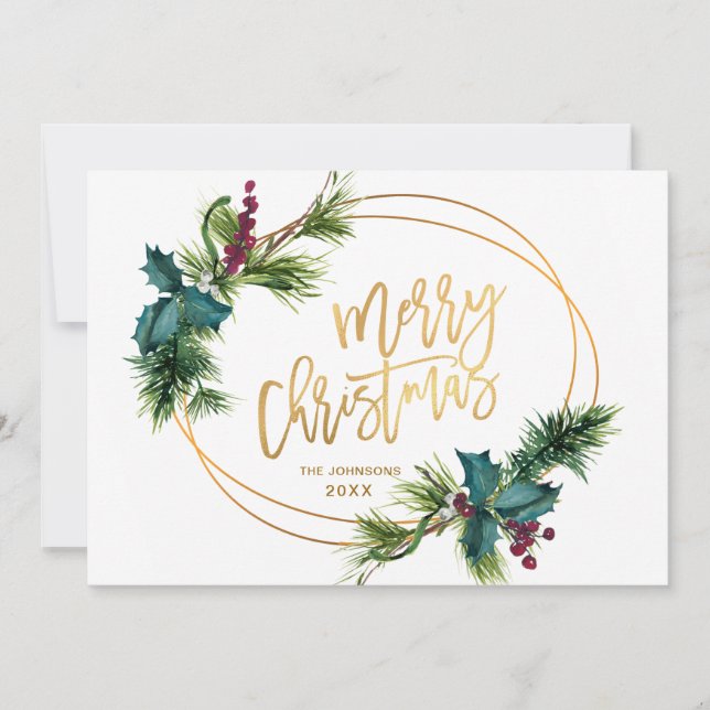 Elegant Watercolor Christmas Pine Cone Greeting Holiday Card (Front)