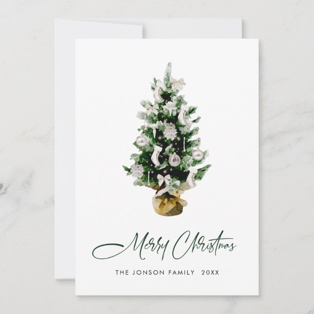 Elegant Watercolor Christmas Pine Tree Greeting Holiday Card (Front)