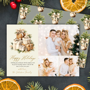 Elegant Watercolor Christmas Presents 3 Photo Holiday Card