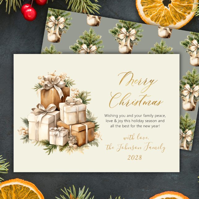 Elegant Watercolor Christmas Presents Gold Script  Holiday Card (Creator Uploaded)