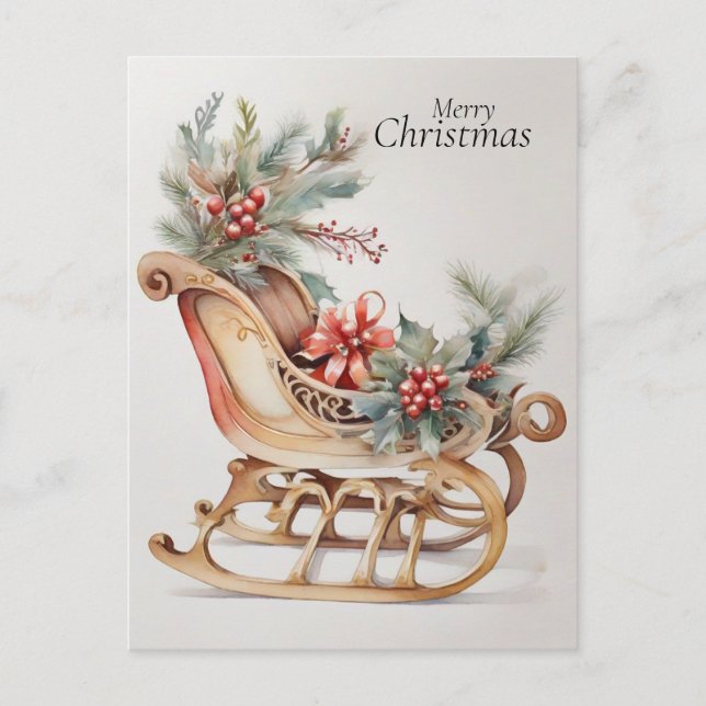 Elegant Watercolor Christmas Sleigh Holiday Postcard (Front)