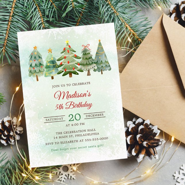 Elegant Watercolor Christmas Tree Birthday Party Invitation (Creator Uploaded)