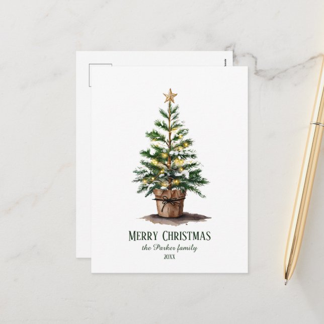 Elegant Watercolor Christmas Tree, Heartfelt Wish Holiday Postcard (Front/Back In Situ)