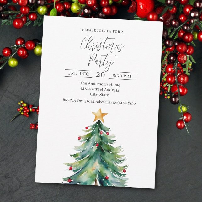 Elegant Watercolor Christmas Tree Holiday Party Invitation (Creator Uploaded)