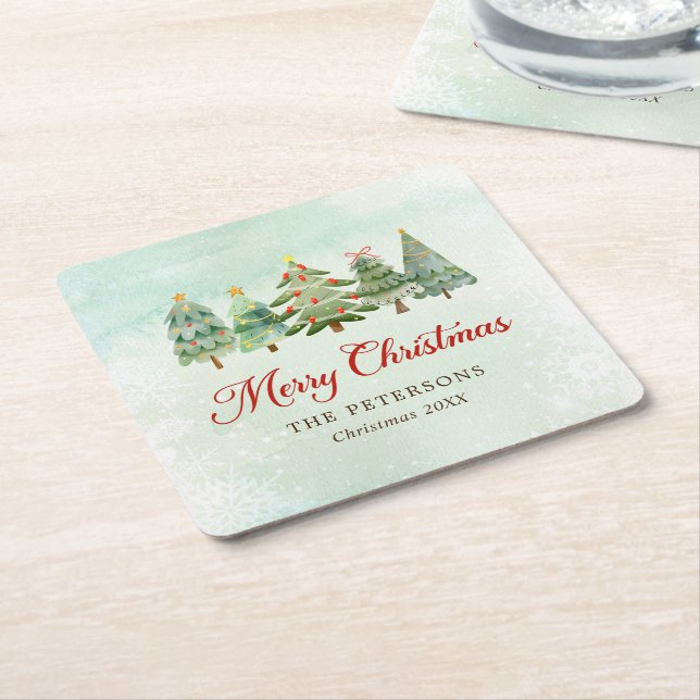 Elegant Watercolor Christmas Tree Holiday Party Square Paper Coaster (Angled)
