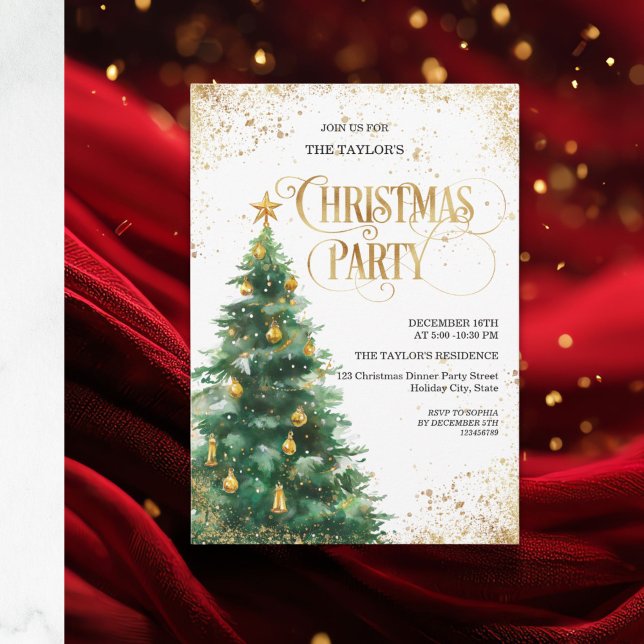 Elegant Watercolor Christmas Tree Invitation (Elegant watercolor Christmas tree invitation featuring a hand-painted tree  with delicate ornaments)