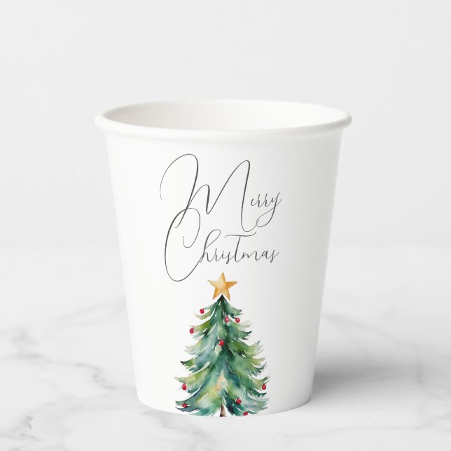 Elegant Watercolor Christmas Tree Merry Christmas Paper Cups (Front)