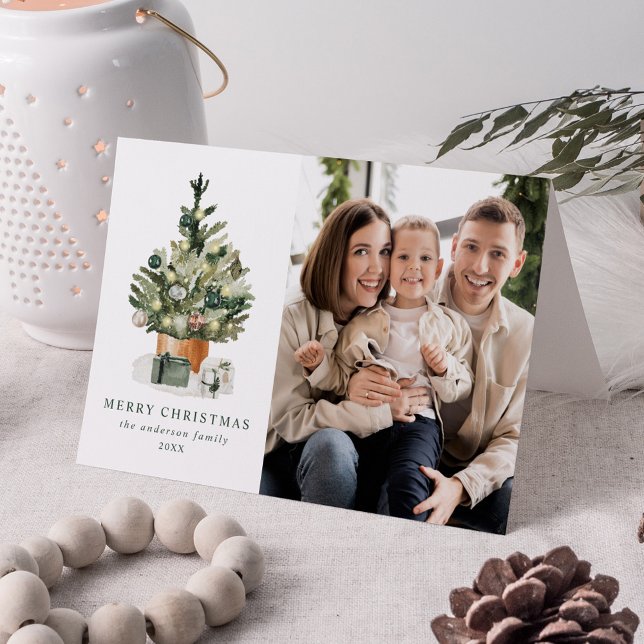 Elegant Watercolor Christmas Tree Photo Holiday Card (Creator Uploaded)