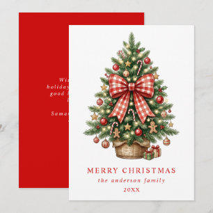 Elegant Watercolor Christmas Tree Red Gingham Bow Holiday Card