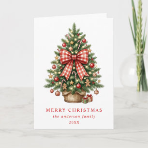 Elegant Watercolor Christmas Tree Red Gingham Bow Holiday Card
