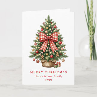 Elegant Watercolor Christmas Tree Red Gingham Bow Holiday Card
