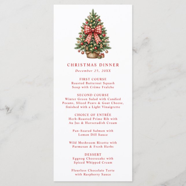 Elegant Watercolor Christmas Tree Red Gingham Bow Menu (Front)