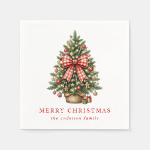 Elegant Watercolor Christmas Tree Red Gingham Bow Napkin