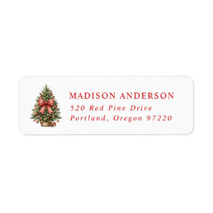 Elegant Watercolor Christmas Tree Red Gingham Bow Return Address Label