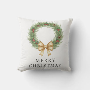 Elegant Watercolor Christmas Wreath & Gold Ribbon  Cushion