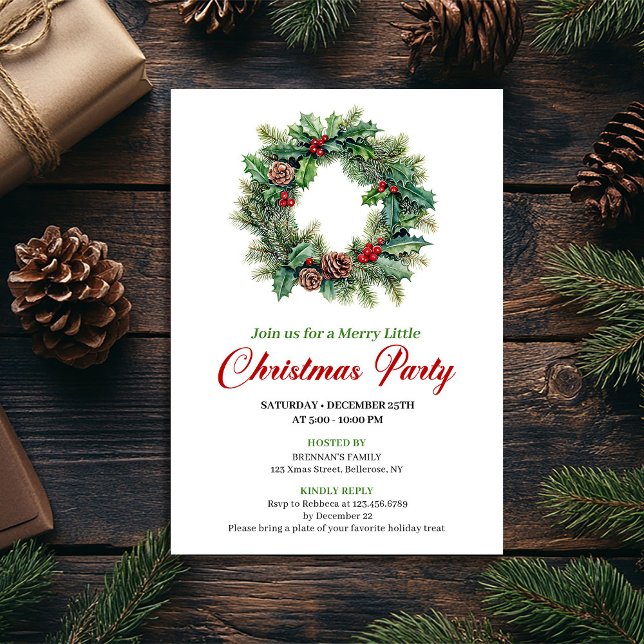 Elegant Watercolor Christmas Wreath Party Invite (Elegant Watercolor Christmas Wreath Party Invite)