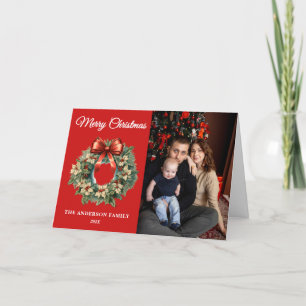 Elegant Watercolor Christmas Wreath Photo Holiday Card