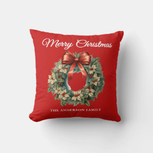 Elegant Watercolor Christmas Wreath Red Cushion