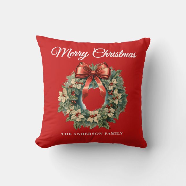 Elegant Watercolor Christmas Wreath Red Cushion (Front)