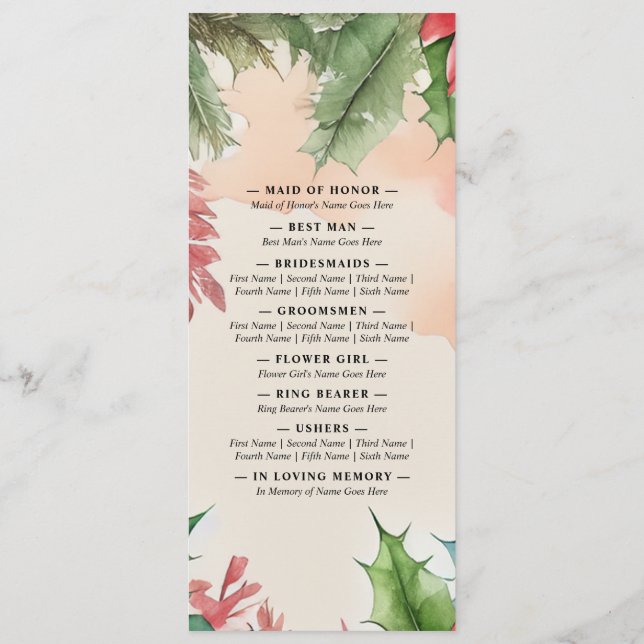 Elegant Watercolor Christmas Wreath Wedding Program (Back)