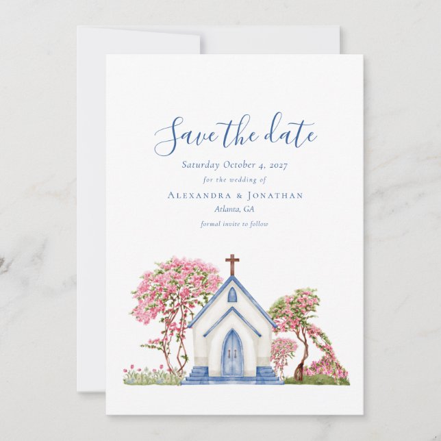 Elegant Watercolor Church Wedding Save the Date  Invitation (Front)