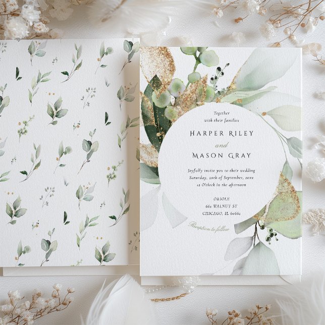Elegant Watercolor Circle Green Gold Foliage Invitation (Creator Uploaded)