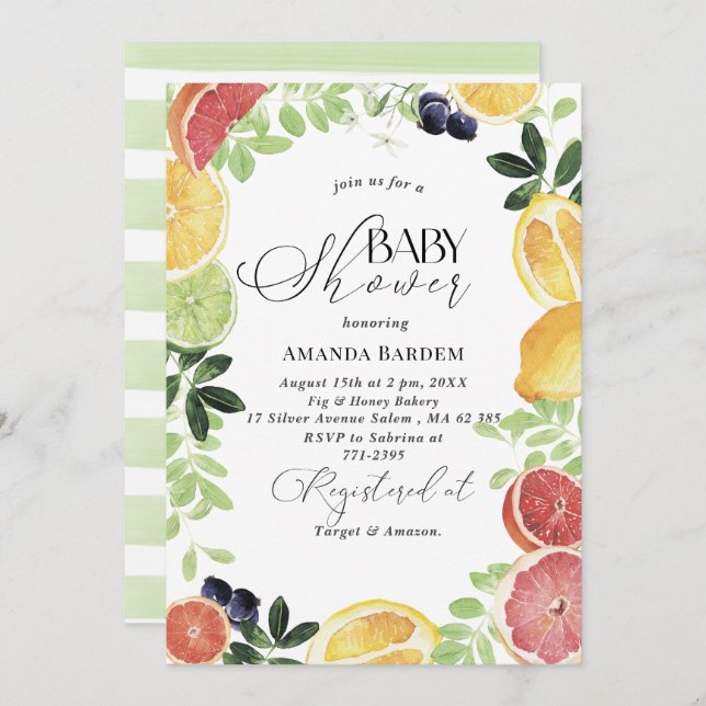 Elegant Watercolor Citrus   baby shower Invitation (Front/Back)