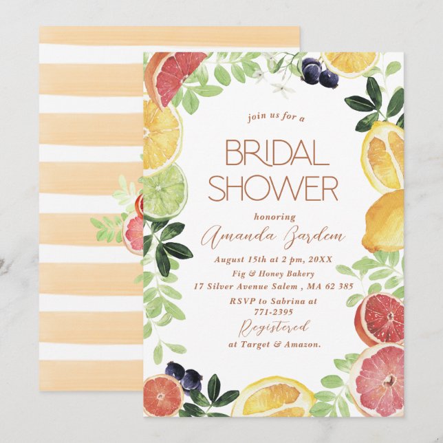 Elegant Watercolor Citrus   bridal shower Invitation (Front/Back)