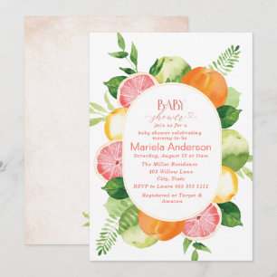 Elegant Watercolor Citrus Pink flowers Baby Show Invitation
