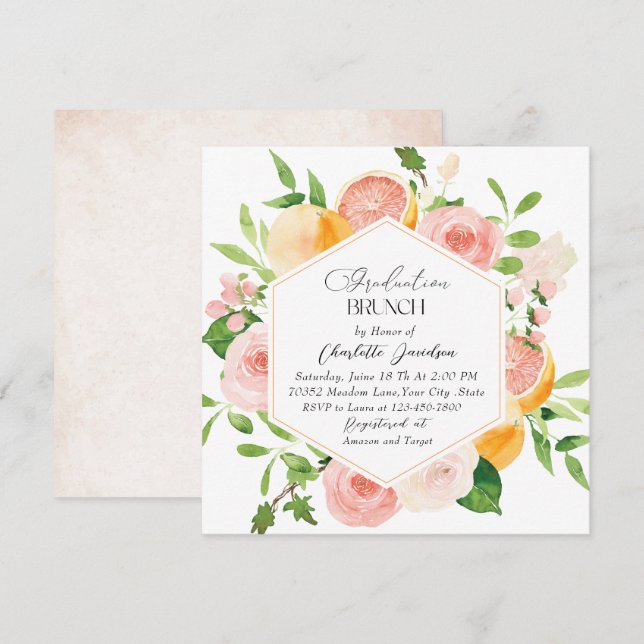 Elegant Watercolor Citrus Pink Flowers Graduation  Invitation (Front/Back)