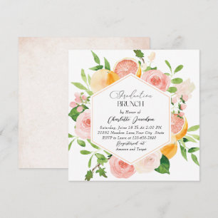 Elegant Watercolor Citrus Pink Flowers Graduation  Invitation