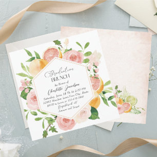 Elegant Watercolor Citrus Pink Flowers Graduation  Invitation