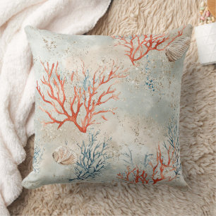 Elegant Watercolor Coastal Coral & Ocean Waves Cushion