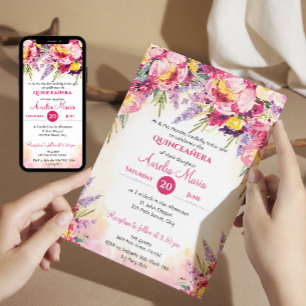 Elegant watercolor colourful flowers Quinceañera Invitation