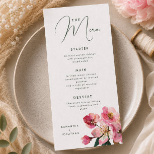 Elegant Watercolor Coral Pink  Floral wedding Menu