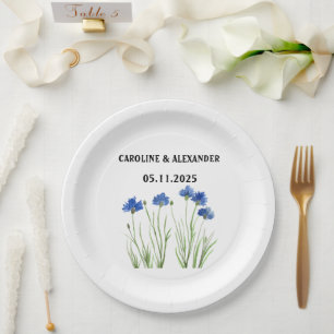 Elegant Watercolor Cornflowers Wildflowers Wedding Paper Plate