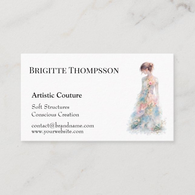 Elegant Watercolor Couture Bridal Fashion Designer Business Card (Front)