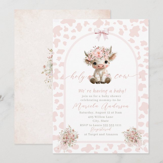 Elegant Watercolor Cow Holy Highland  Baby Shower Invitation (Front/Back)