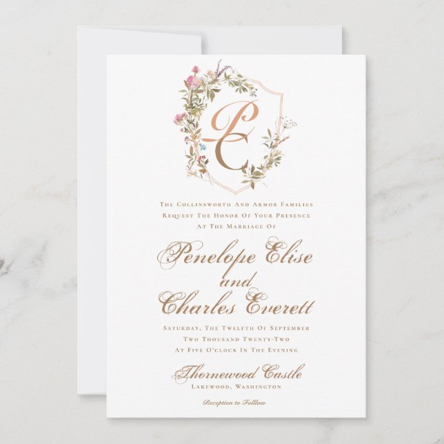 Elegant Watercolor Crest Monogram Wedding Invitation (Front)