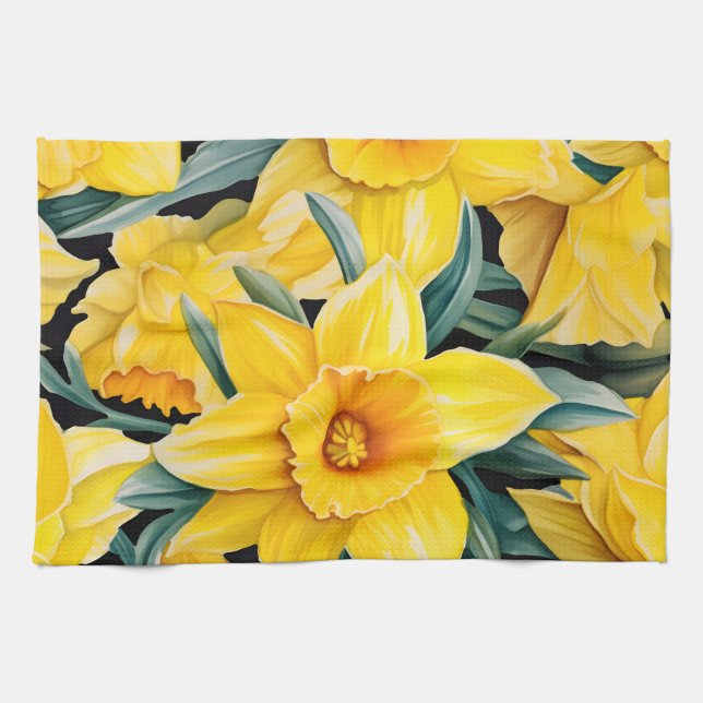 Elegant Watercolor Daffodil Tea Towel (Horizontal)