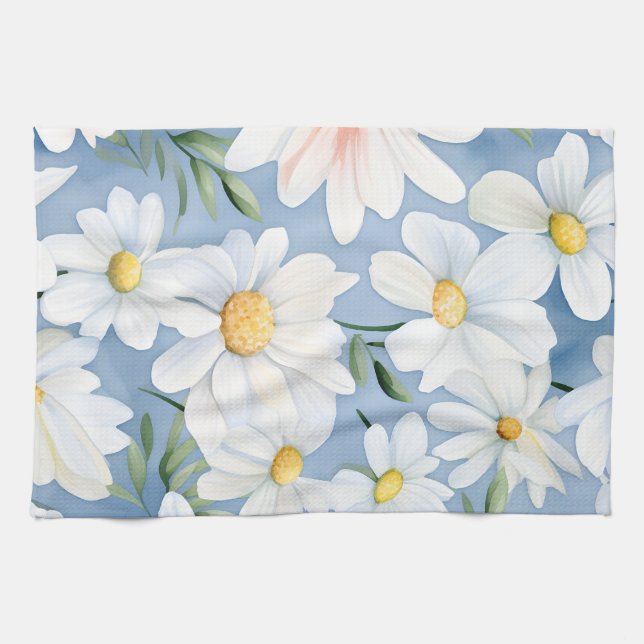 Elegant Watercolor Daisy Tea Towel (Horizontal)