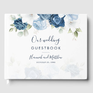 Elegant Watercolor Dusty Blue Floral Wedding Guest Book