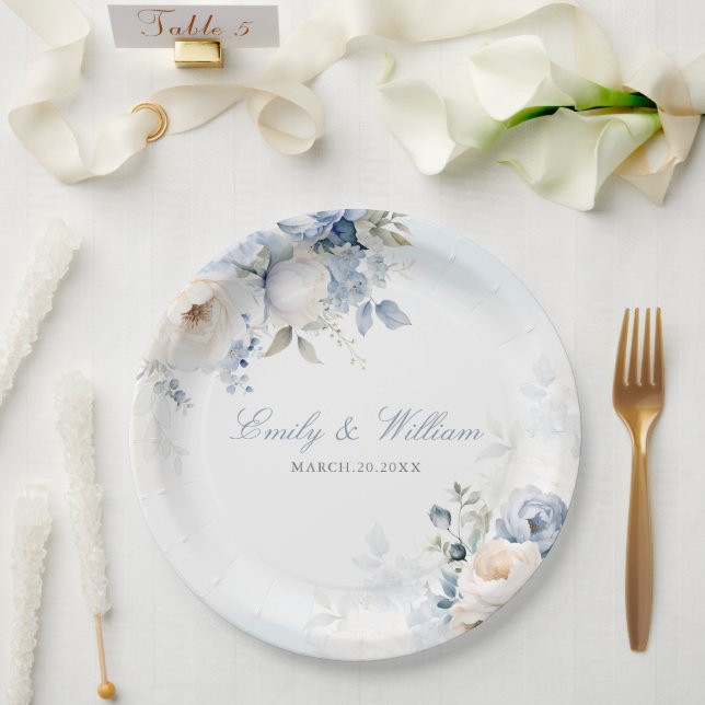Elegant Watercolor Dusty Blue Floral Wedding Paper Plate (Wedding)
