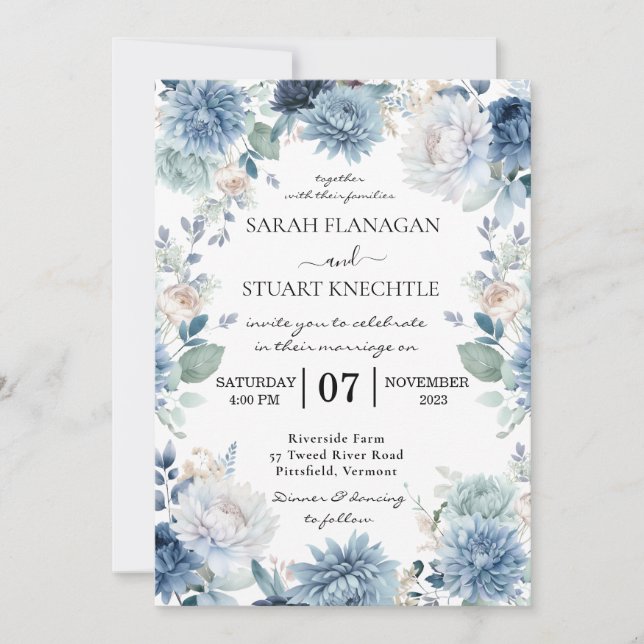 Elegant Watercolor dusty blue Flowers wedding Invitation (Front)