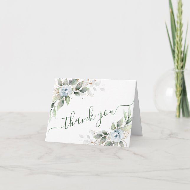 Elegant Watercolor Dusty Blue Foliage Thank You Card (Front)