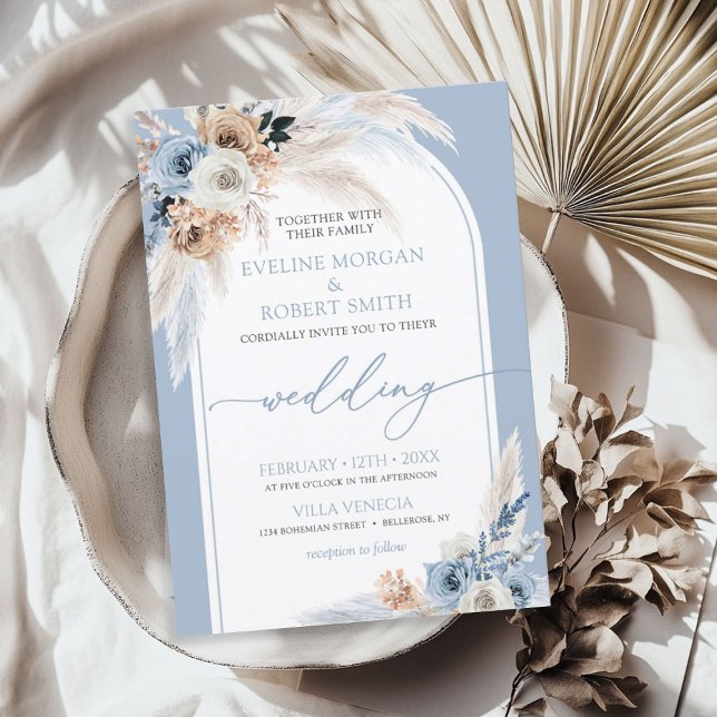 Elegant watercolor dusty blue roses pampas arch invitation (Elegant watercolor dusty blue roses pampas arch invitation)